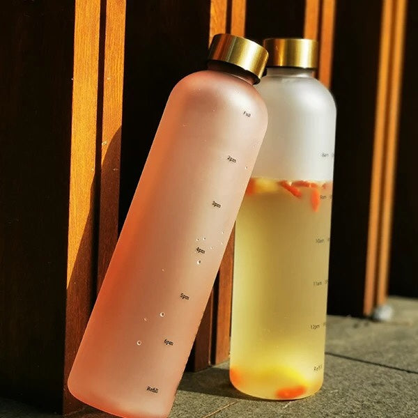 New Motivational Pink & White Water Bottle With Time Marker Reminder BPA Free Frosted Tritan