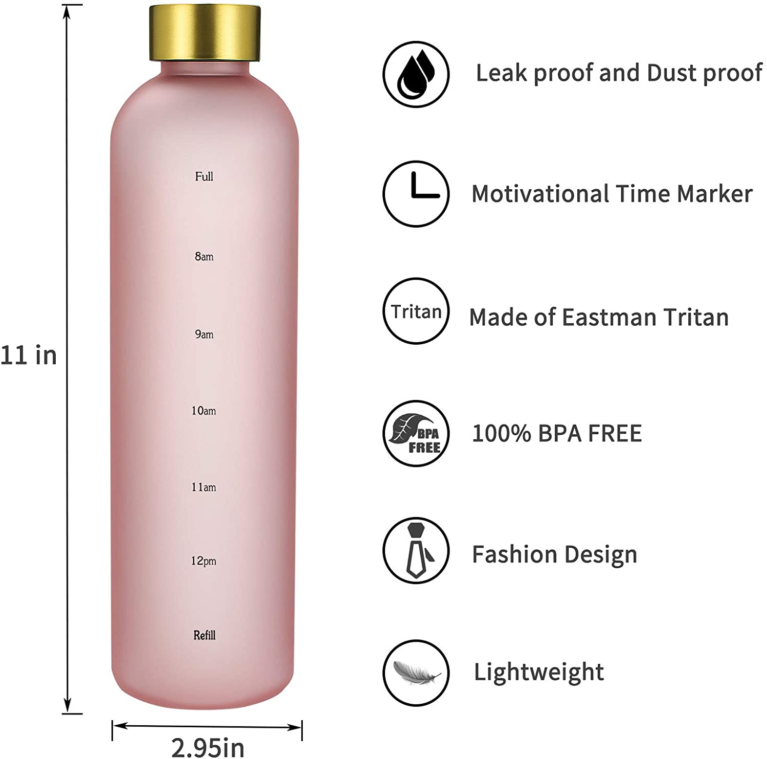 New Motivational Pink &amp; White Water Bottle With Time Marker Reminder BPA Free Frosted Tritan