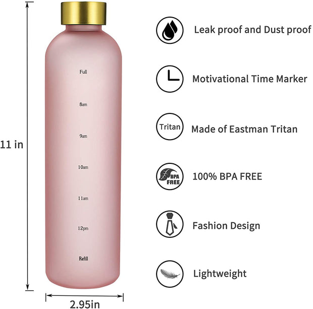 New Motivational Pink & White Water Bottle With Time Marker Reminder BPA Free Frosted Tritan