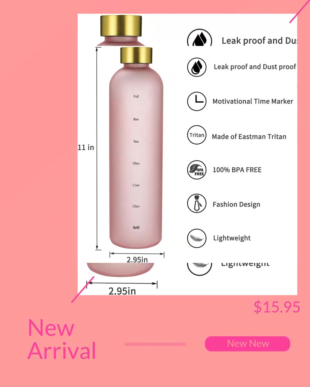 New Motivational Pink &amp; White Water Bottle With Time Marker